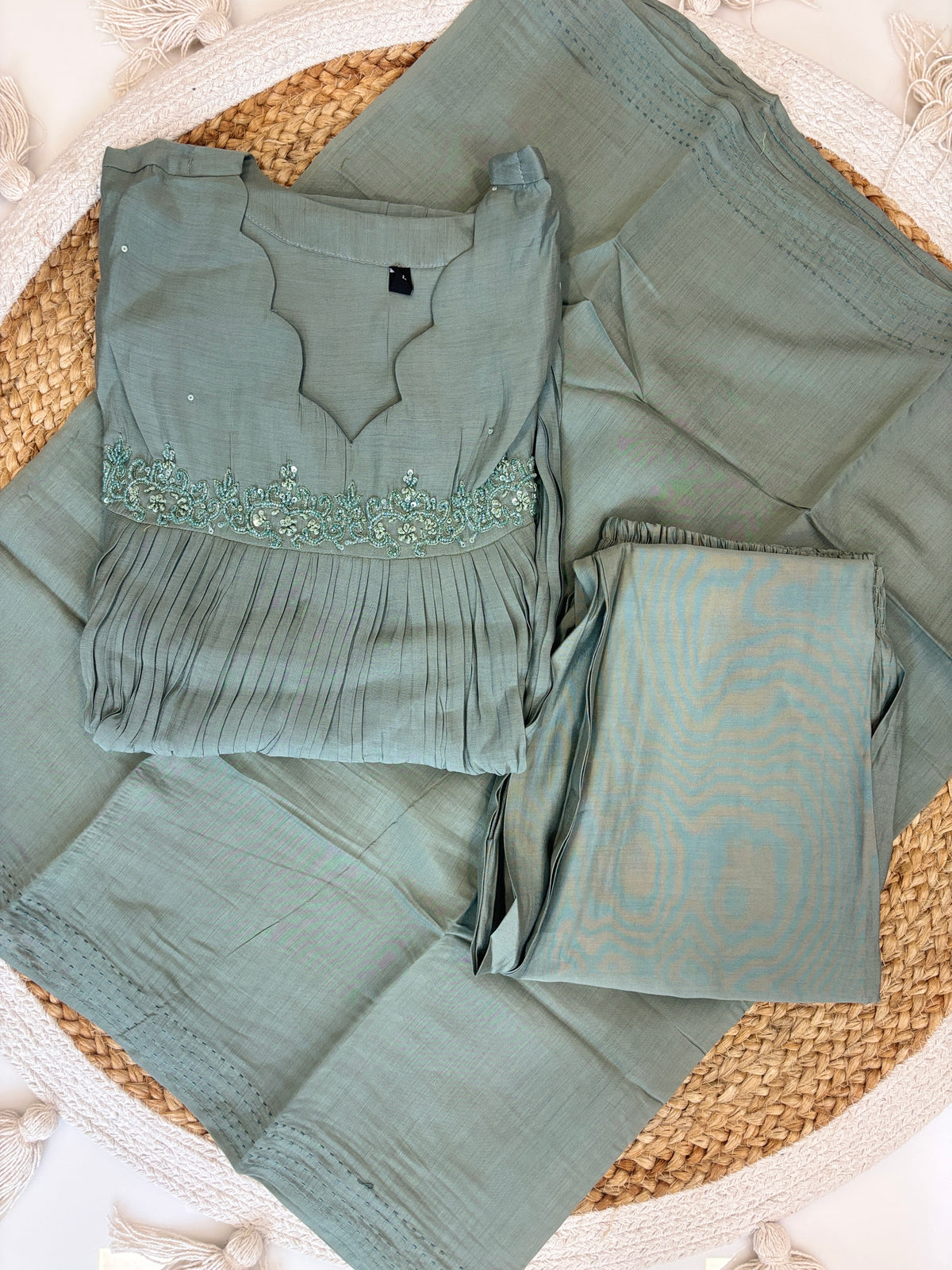 Sage Green Textured Chanderi Silk Cotton 3-Piece Kurta Set