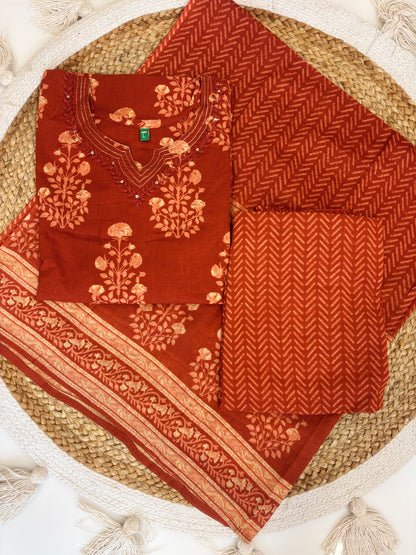 Brick Red Floral Butti Cotton 3-Piece Kurta Set