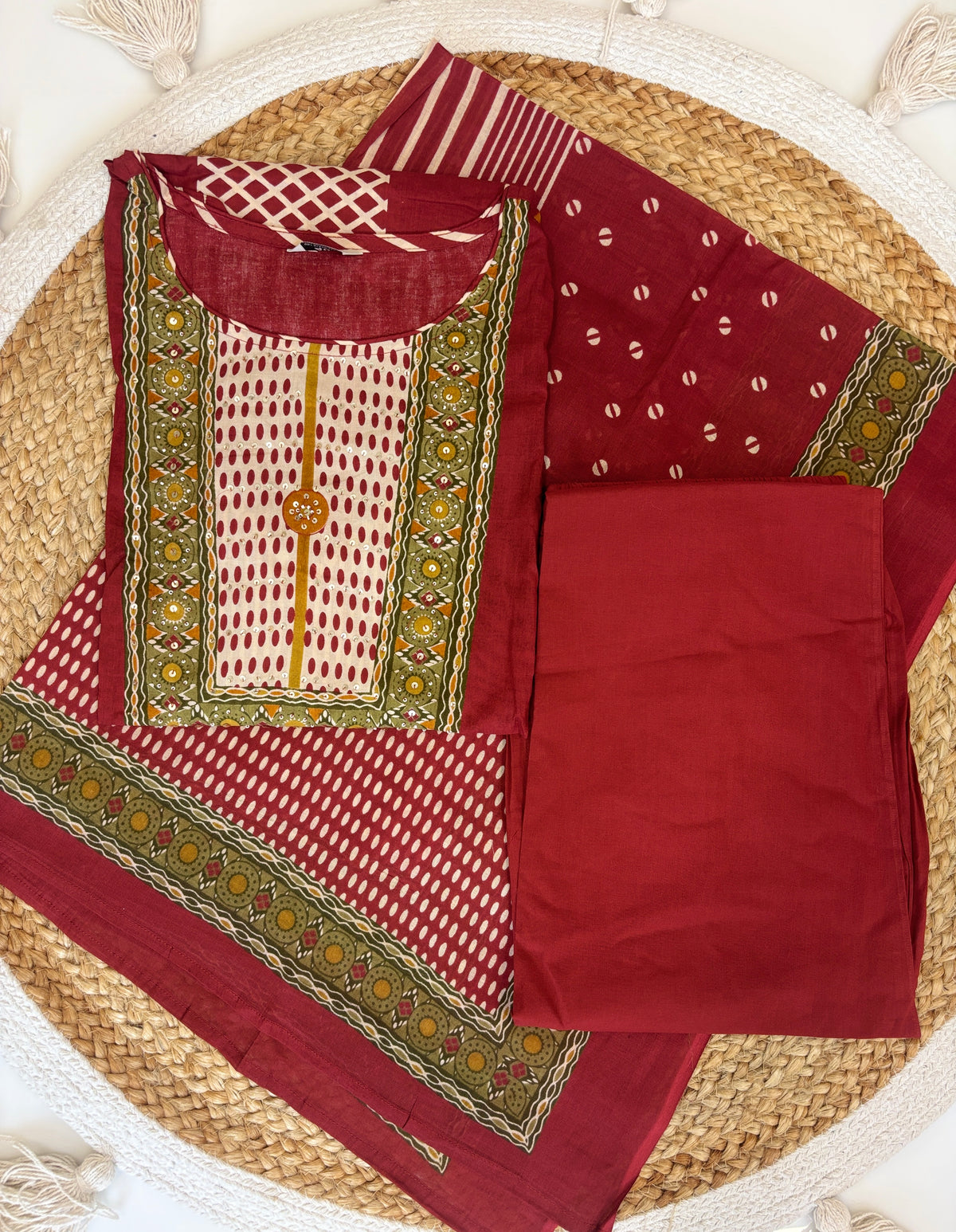 Wine Maroon Geometric Block Print Vatican Cotton 3-Piece Set