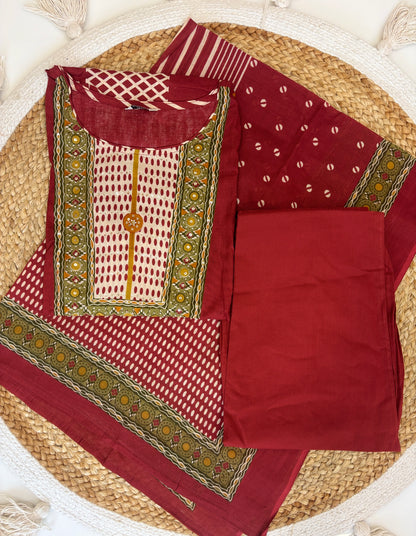 Wine Maroon Geometric Block Print Vatican Cotton 3-Piece Set