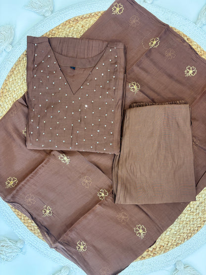 Chocolate Brown Floral Butti Mul Chanderi Silk 3-Piece Kurta Set