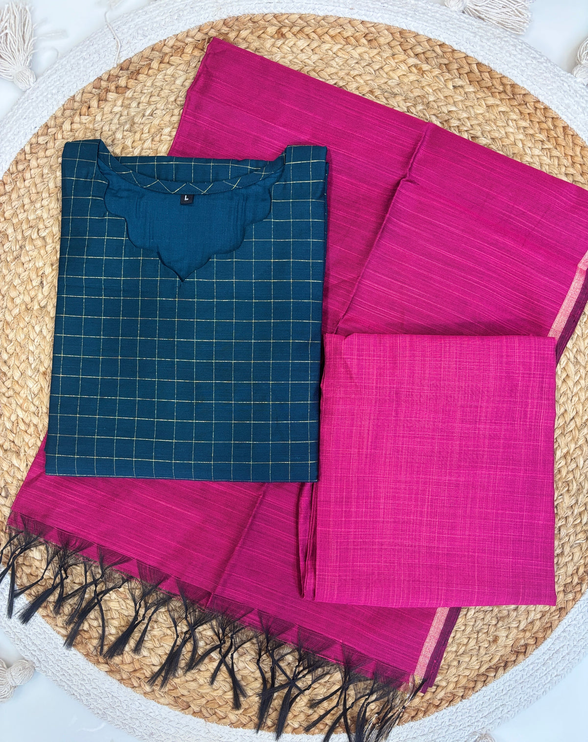 Teal Check Magenta 3-Piece Silk Cotton Set