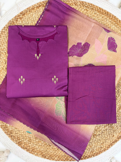 Royal Purple Floral Silk Cotton 3-Piece Set