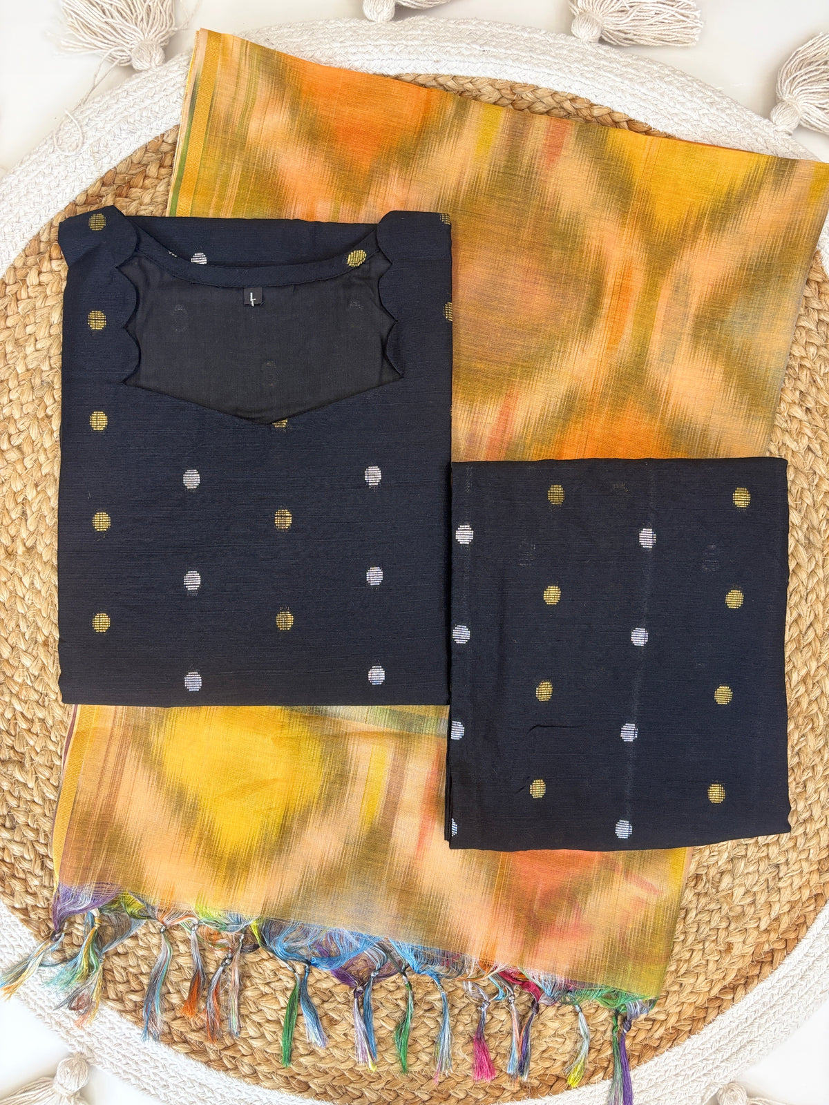 Navy Mustard Polka Dot & Abstract Checks Abstract 3-Piece Set