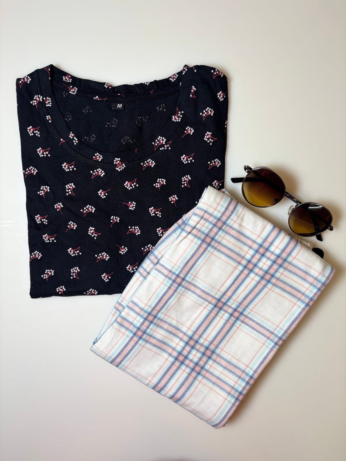 Black Floral Printed T-shirt with White Contrast Pant Set