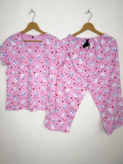 Baby Pink with White Animals Printed T-shirt and 3/4th Coords
