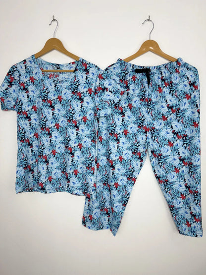Sky Blue and Red Floral Printed T-shirt and 3/4th Coords