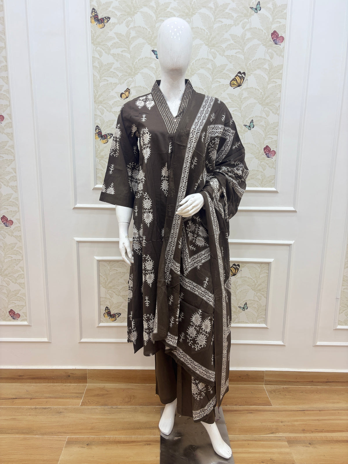 Charcoal Black Floral Print Chanderi Cotton 3-Piece Set