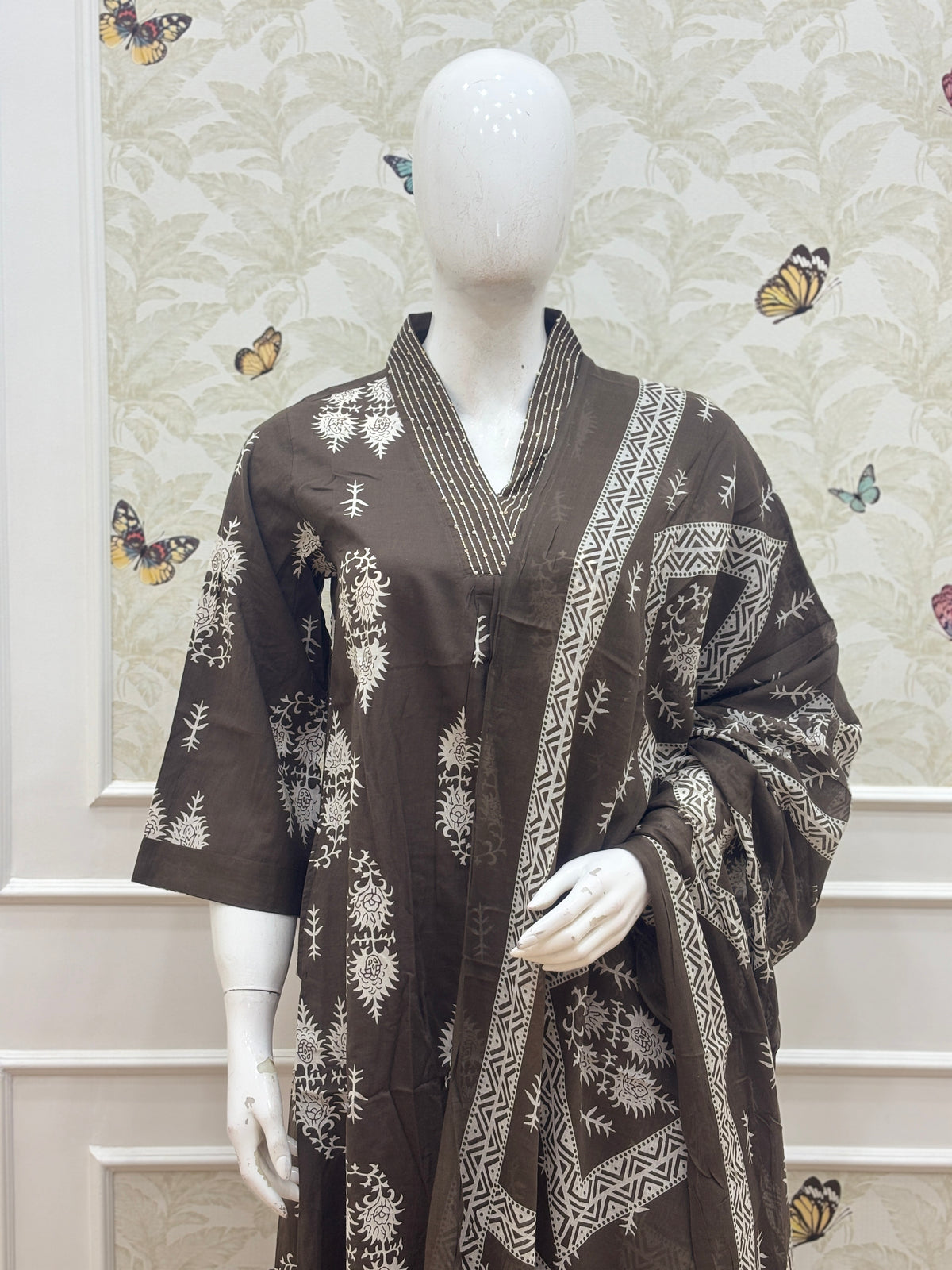 Charcoal Black Floral Print Chanderi Cotton 3-Piece Set
