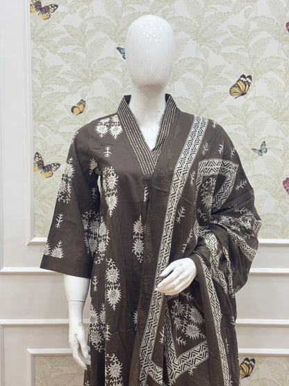 Charcoal Black Floral Print Chanderi Cotton 3-Piece Set