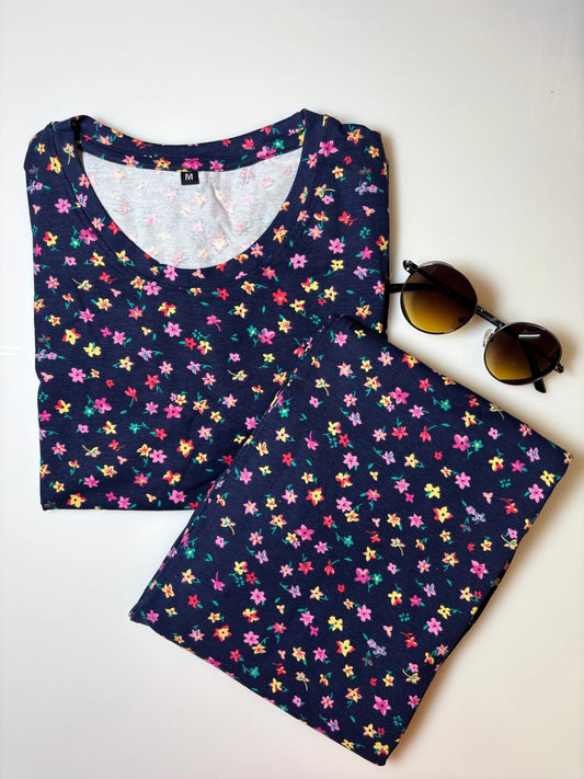 Navy and Floral Printed T-Shirt and Pant Coords Set