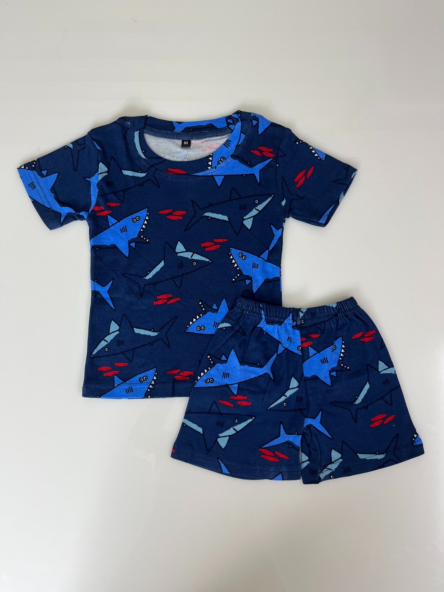 Navy Blue Shark Printed Kids T-Shirt and Shorts Coords