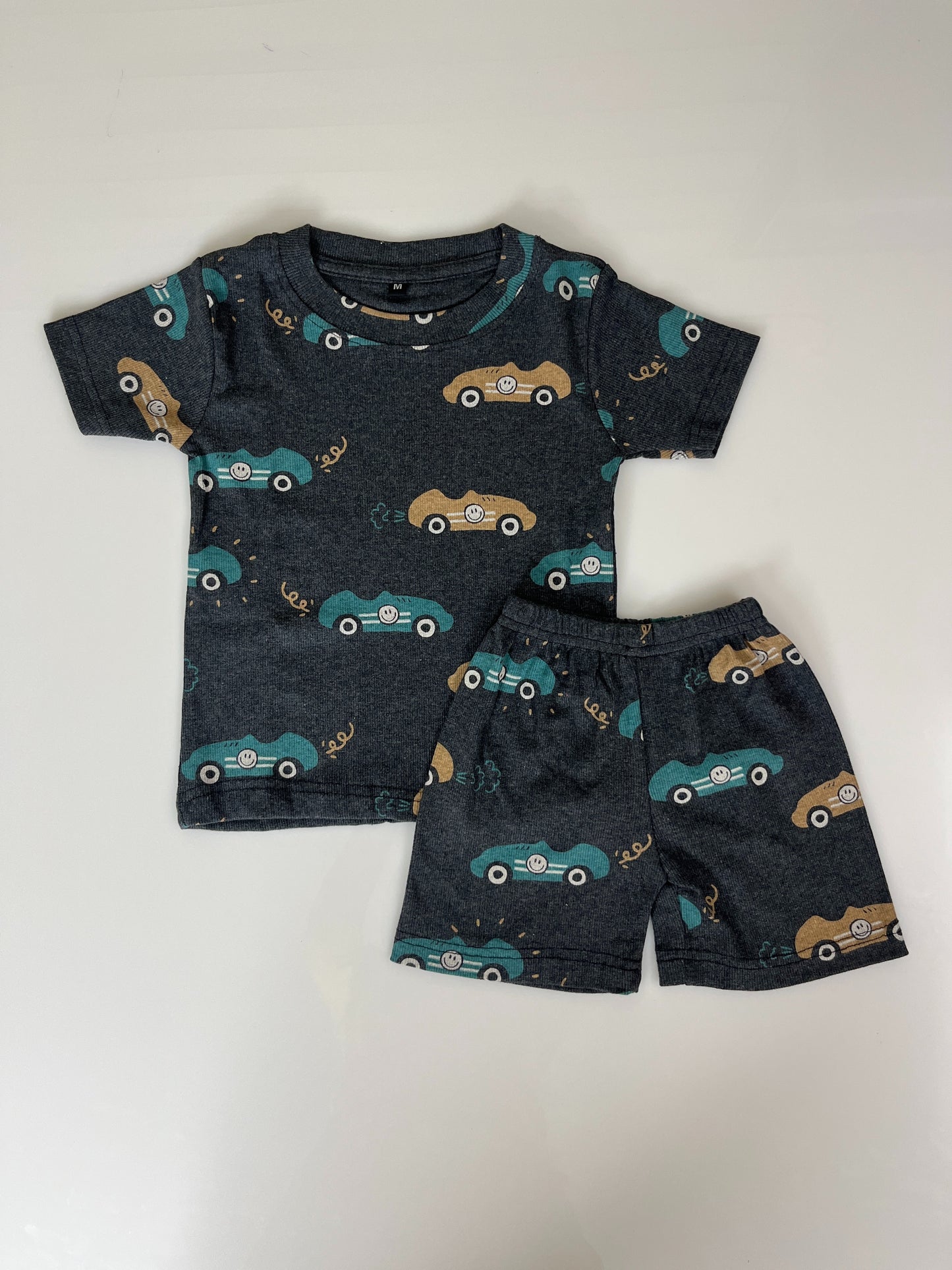 Teal Brown Car Printed Kids T-Shirt and Shorts Coords