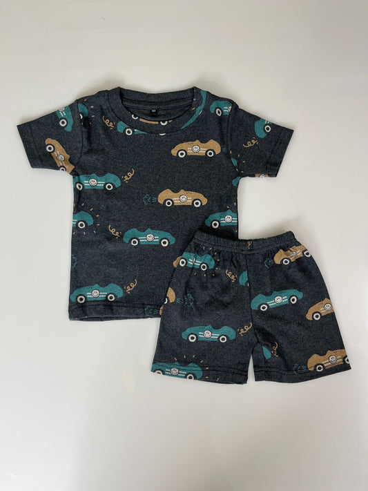 Teal Brown Car Printed Kids T-Shirt and Shorts Coords