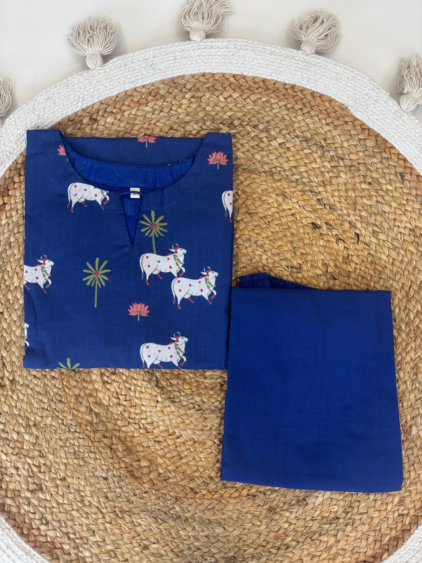 Royal Blue Animal Motif Printed Kurta Set