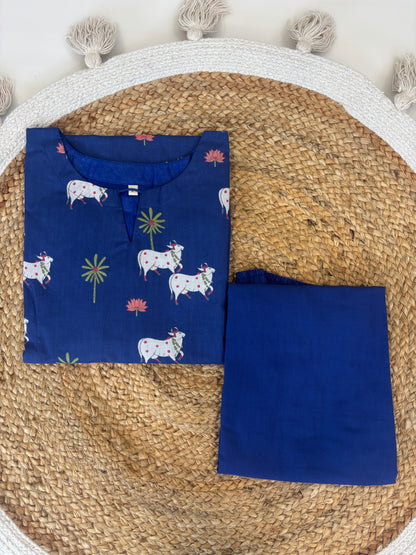 Royal Blue Animal Motif Printed Kurta Set