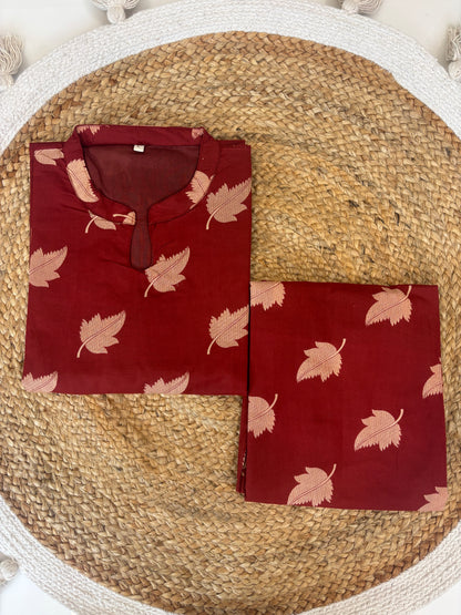 Maroon Leaf Print Kurta Set