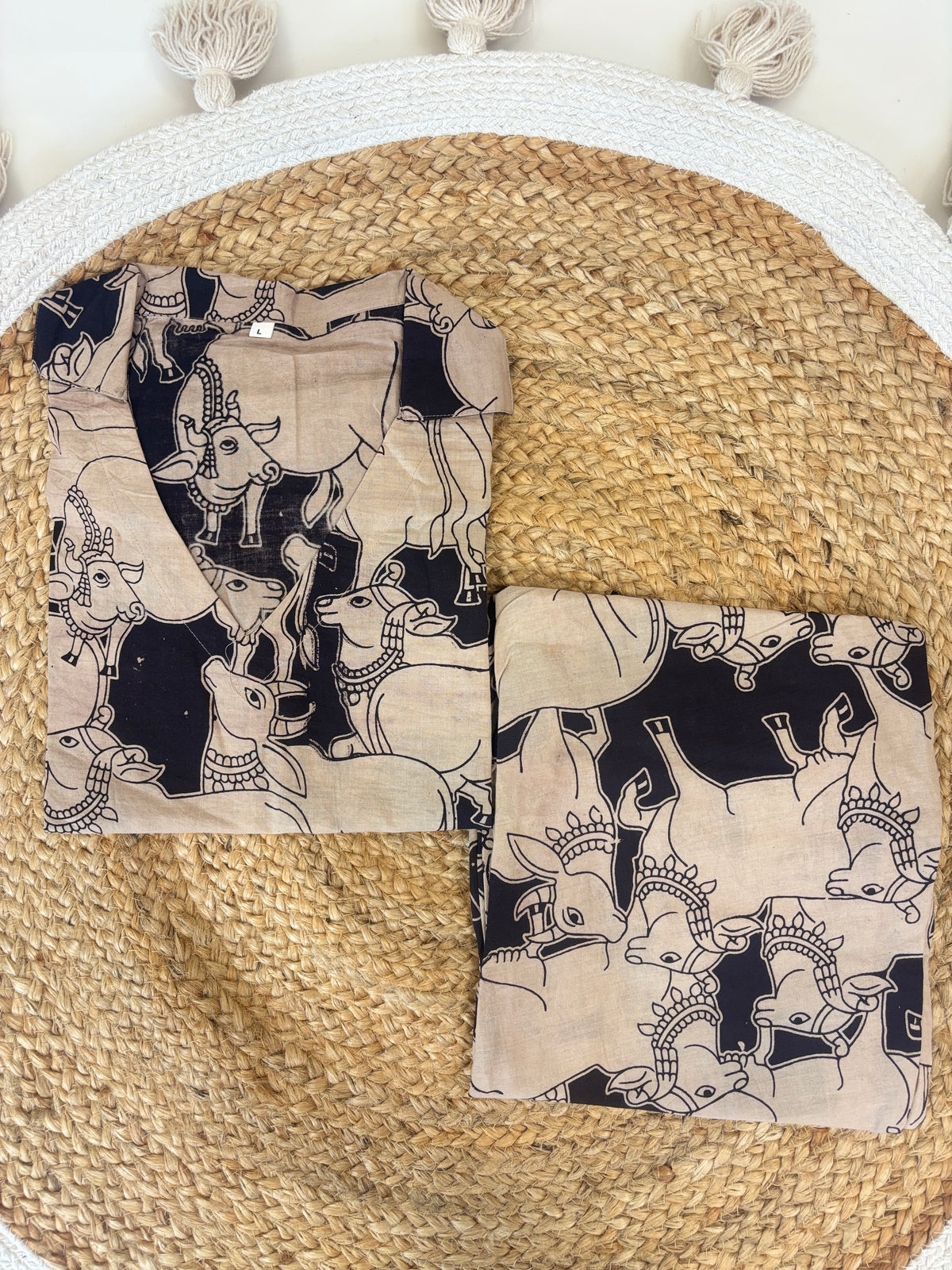Beige & Black Traditional Cow Print Kalamkari Kurta Set