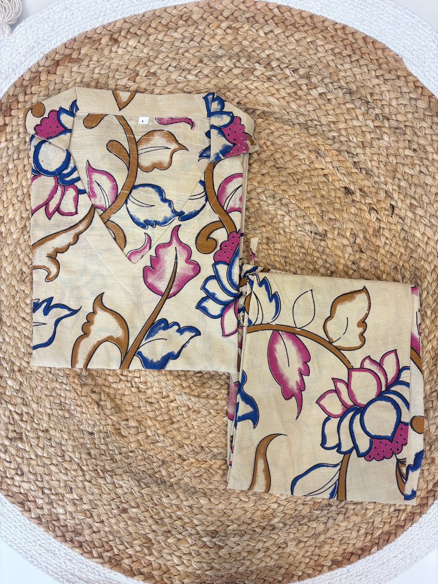Beige Multicolor Floral Kalamkari Kurta Set