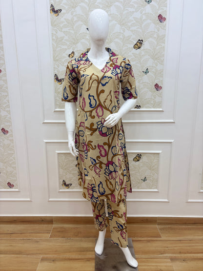 Beige Multicolor Floral Kalamkari Kurta Set