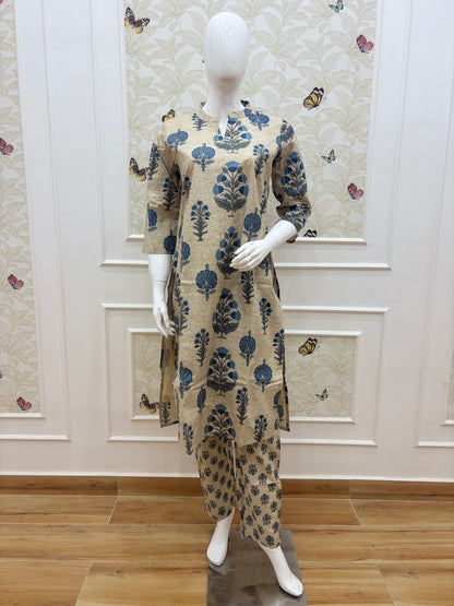 Beige & Navy Blue Floral Block Print Kurta Set