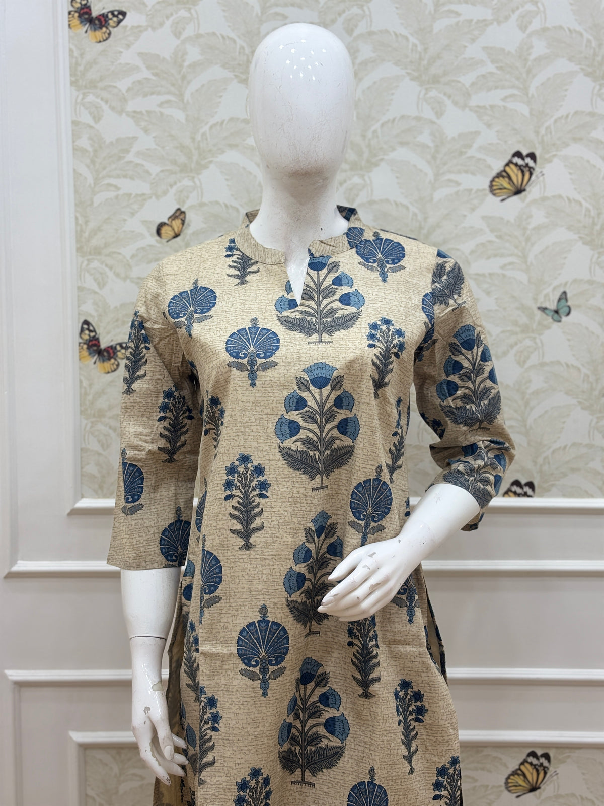 Beige & Navy Blue Floral Block Print Kurta Set