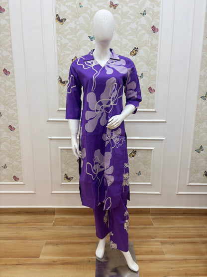 Royal Purple Abstract Floral Print Kurta Set