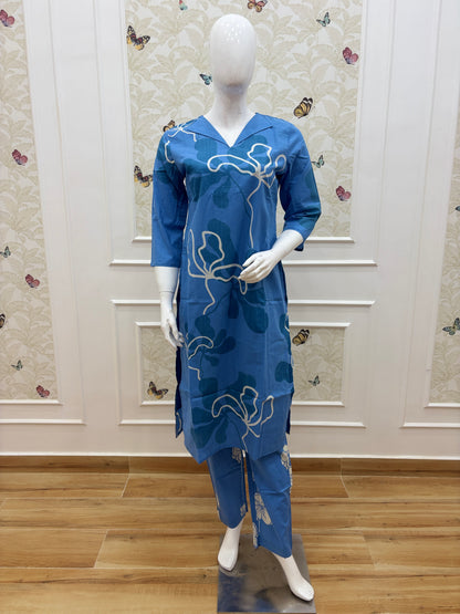 Royal Blue Abstract Floral Print Kurta Set