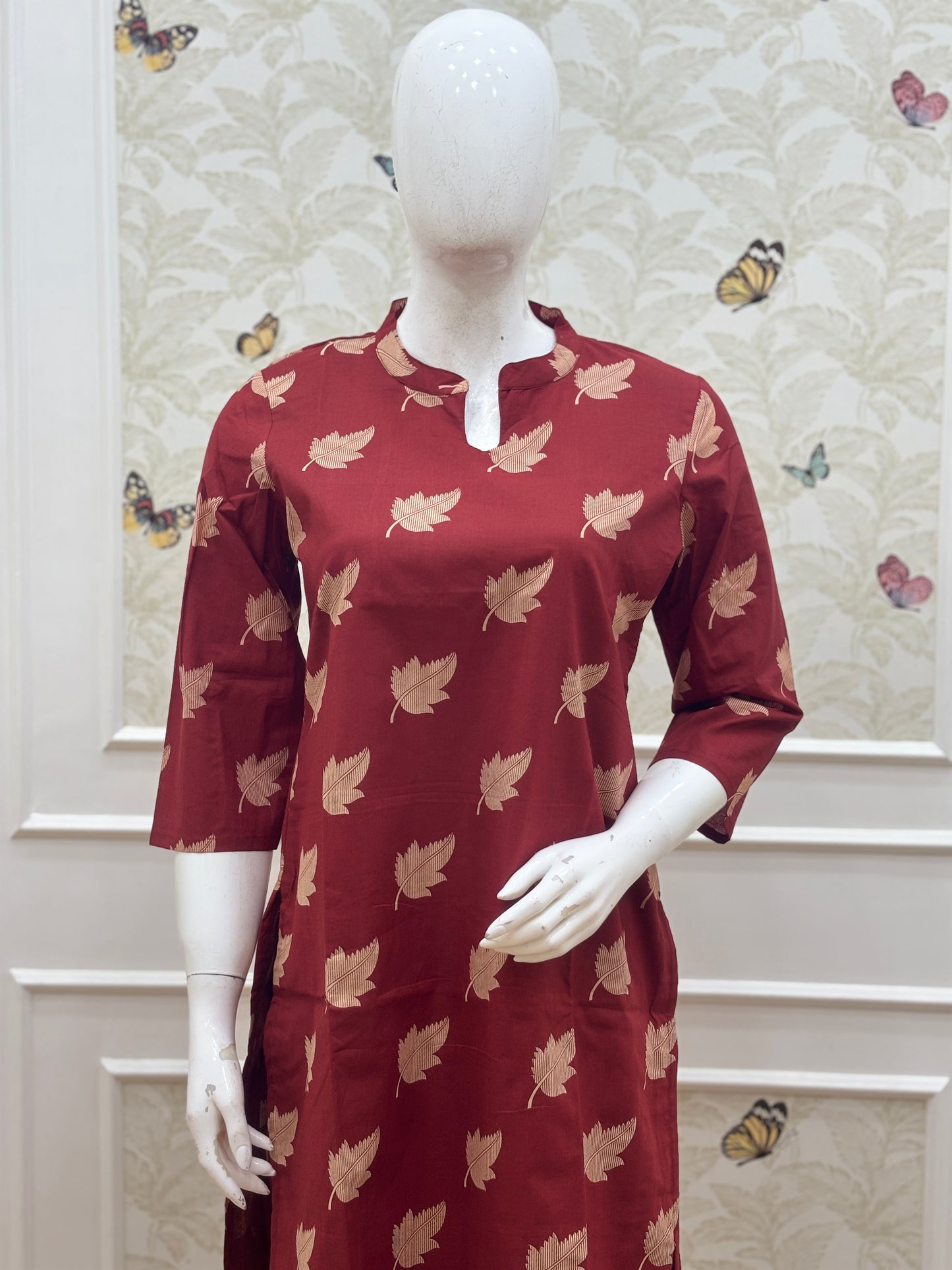 Maroon Leaf Print Kurta Set