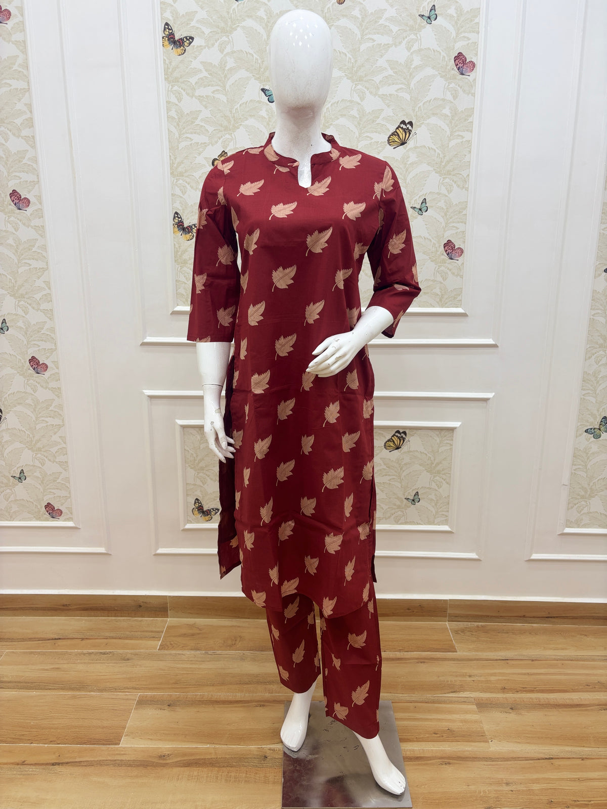 Maroon Leaf Print Kurta Set