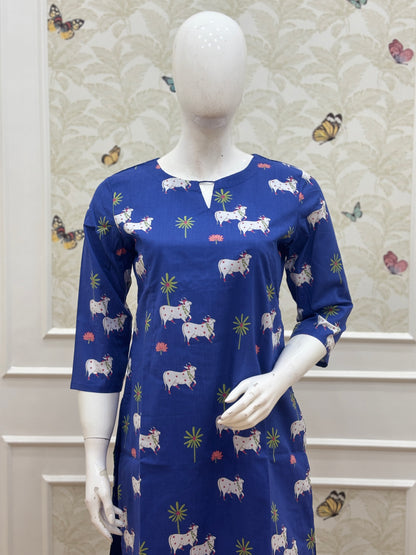 Royal Blue Animal Motif Printed Kurta Set