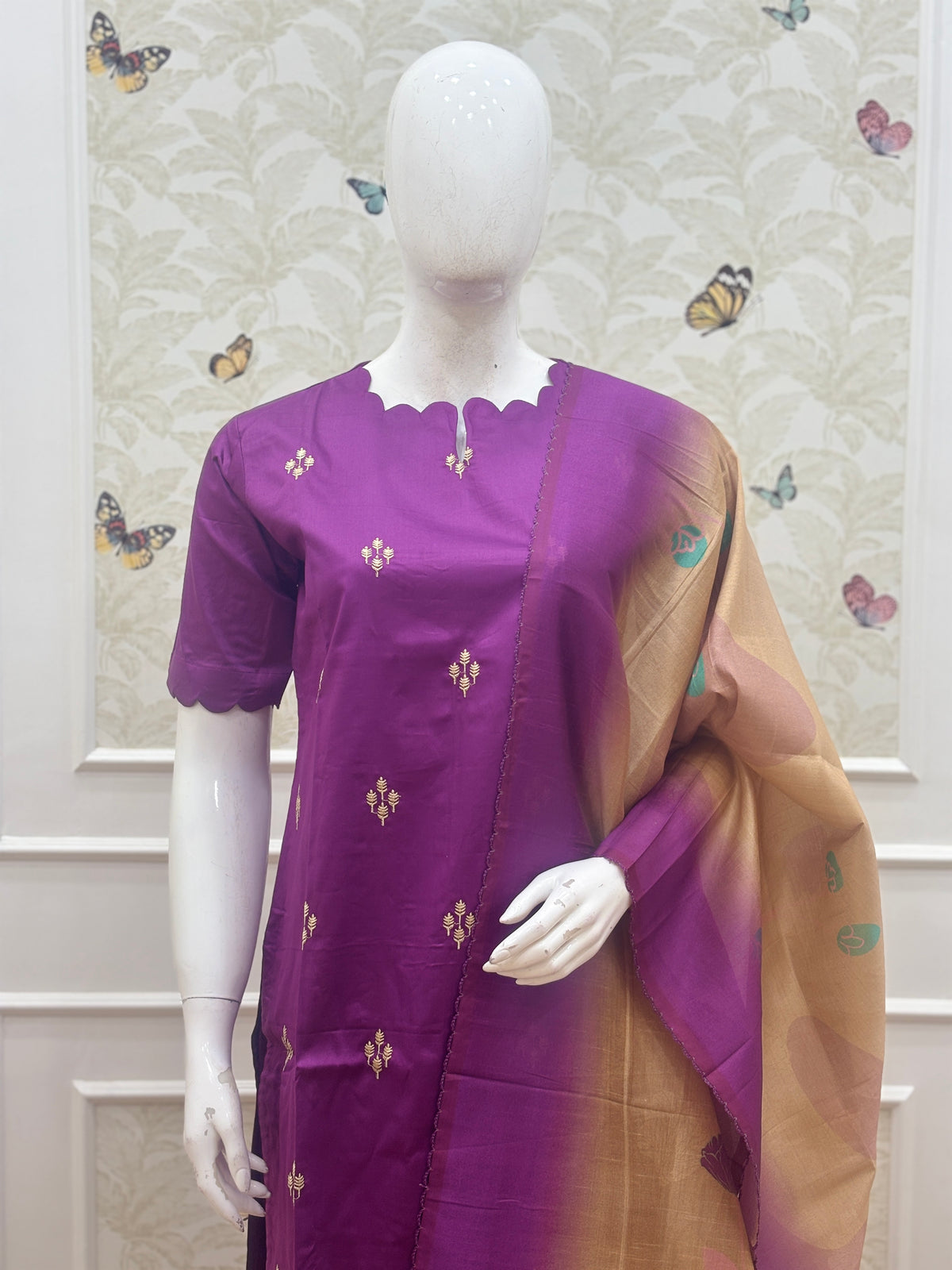 Royal Purple Floral Silk Cotton 3-Piece Set
