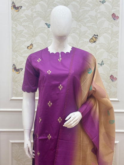 Royal Purple Floral Silk Cotton 3-Piece Set