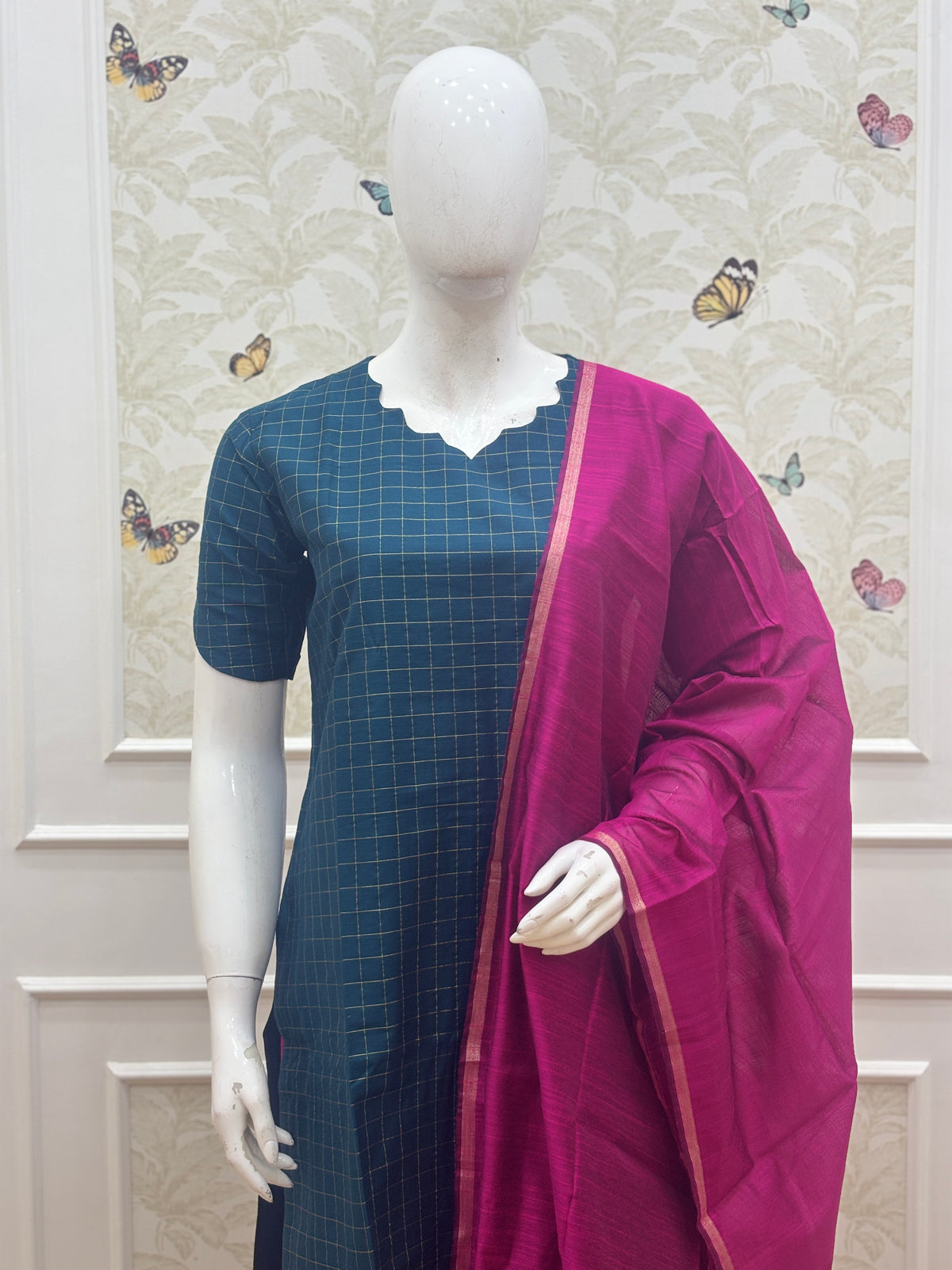 Teal Check Magenta 3-Piece Silk Cotton Set