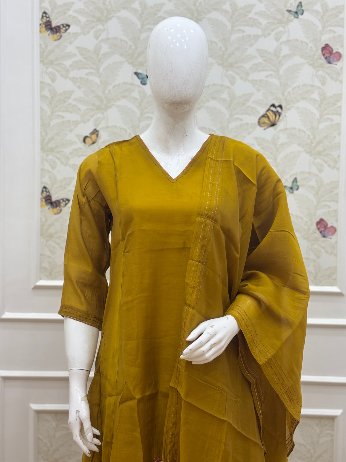 Mustard Gold Floral Embroidered Mul Chanderi Silk Cotton 3-Piece Kurta Set