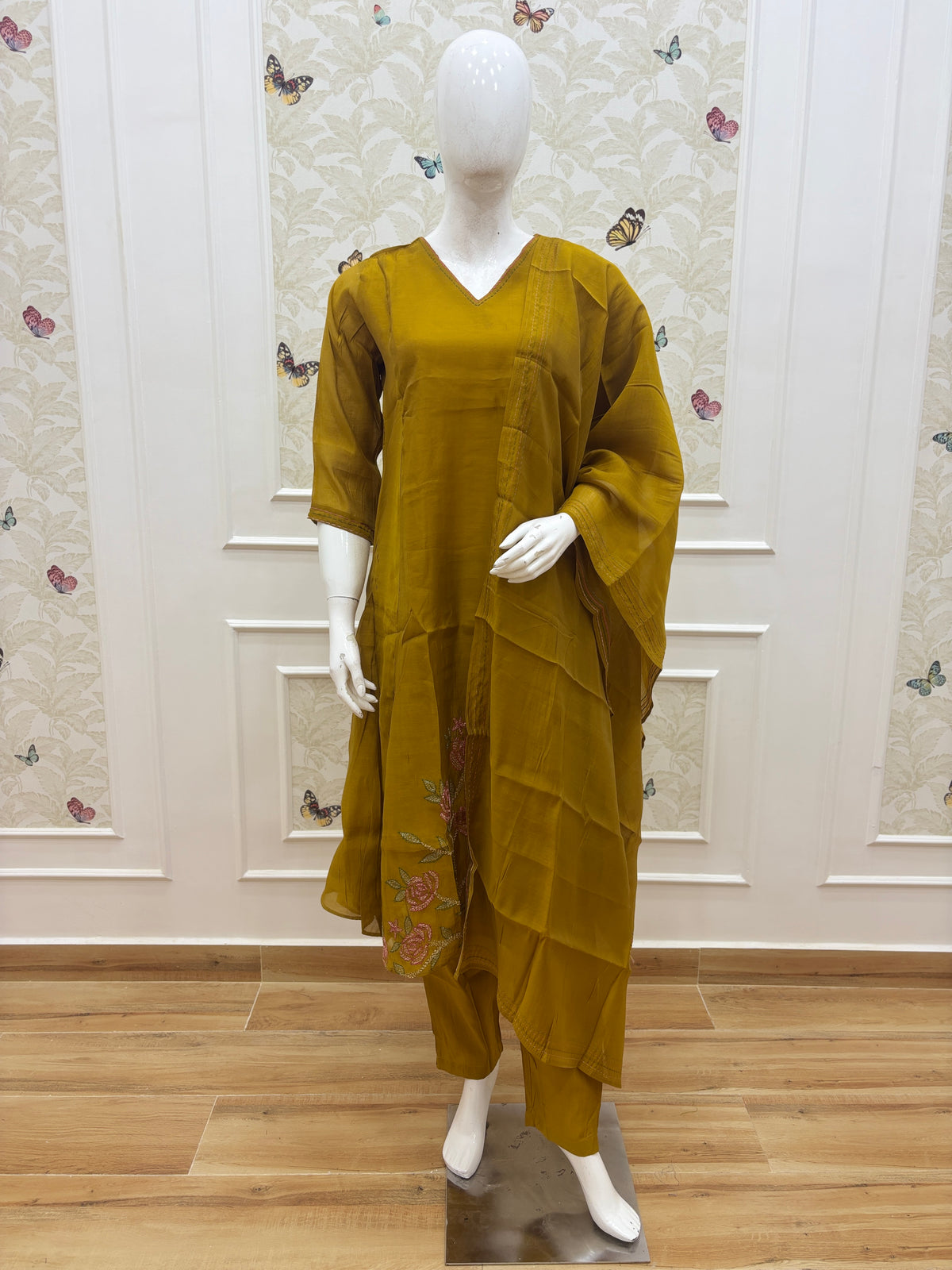 Mustard Gold Floral Embroidered Mul Chanderi Silk Cotton 3-Piece Kurta Set