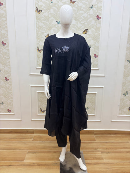 Black Floral Embroidered Chanderi Cotton 3-Piece Set
