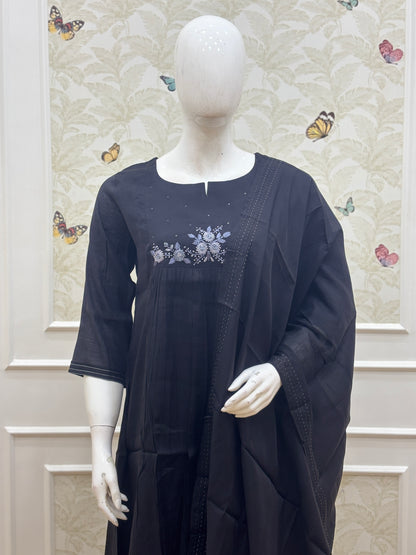 Black Floral Embroidered Chanderi Cotton 3-Piece Set