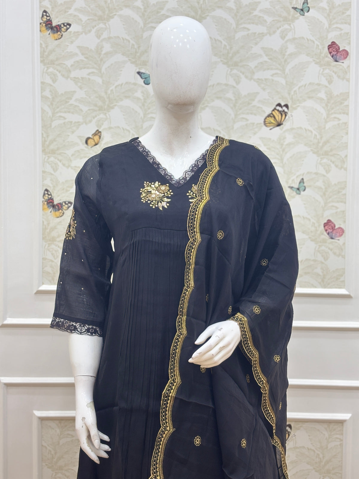 Black Golden Butti Embroidered Mul Chanderi Silk 3-Piece Kurta Set