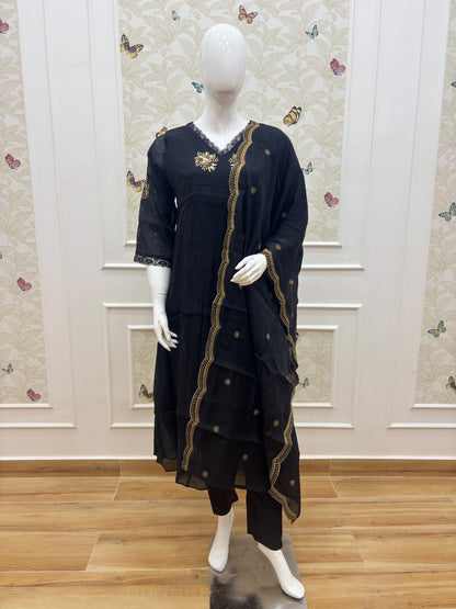 Black Golden Butti Embroidered Mul Chanderi Silk 3-Piece Kurta Set