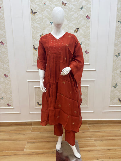 Rust Orange Floral Butti Mul Chanderi Silk 3-Piece Kurta Set