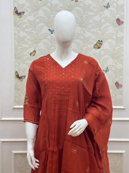 Rust Orange Floral Butti Mul Chanderi Silk 3-Piece Kurta Set