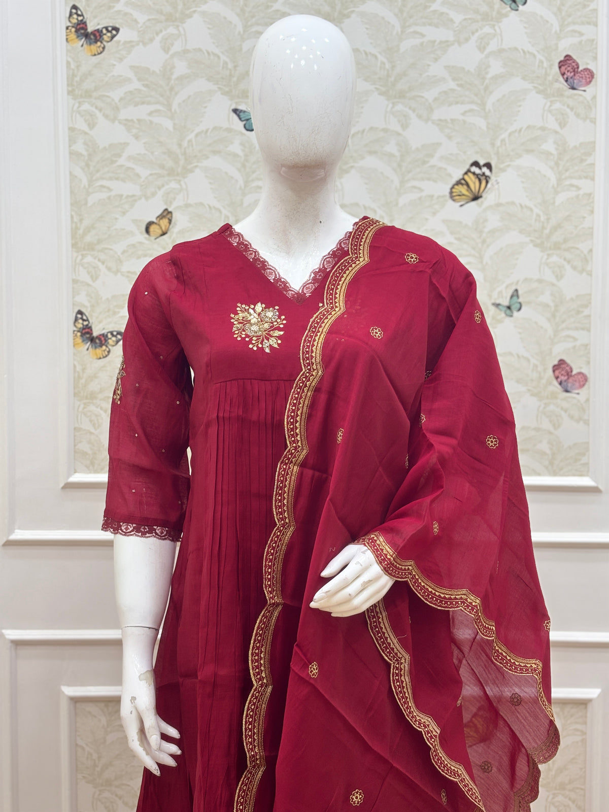 Wine Red Golden Butti Embroidered Mul Chanderi Silk 3-Piece Kurta Set