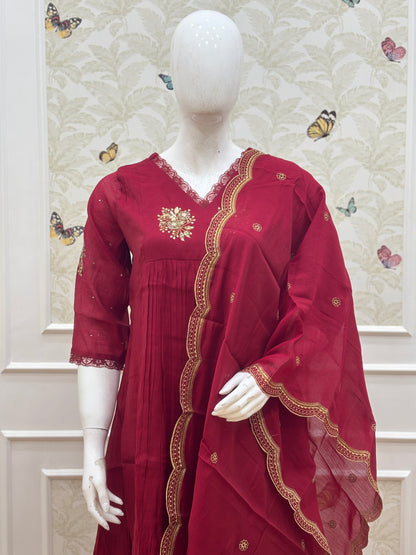 Wine Red Golden Butti Embroidered Mul Chanderi Silk 3-Piece Kurta Set