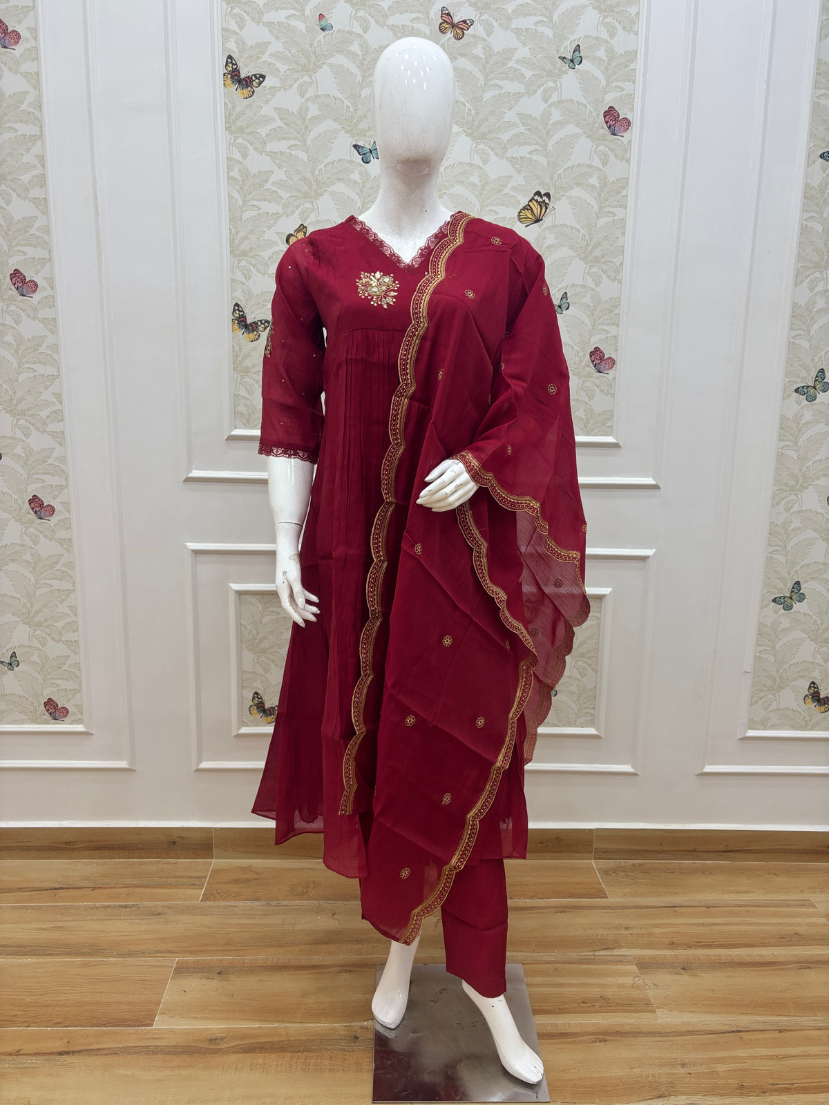 Wine Red Golden Butti Embroidered Mul Chanderi Silk 3-Piece Kurta Set