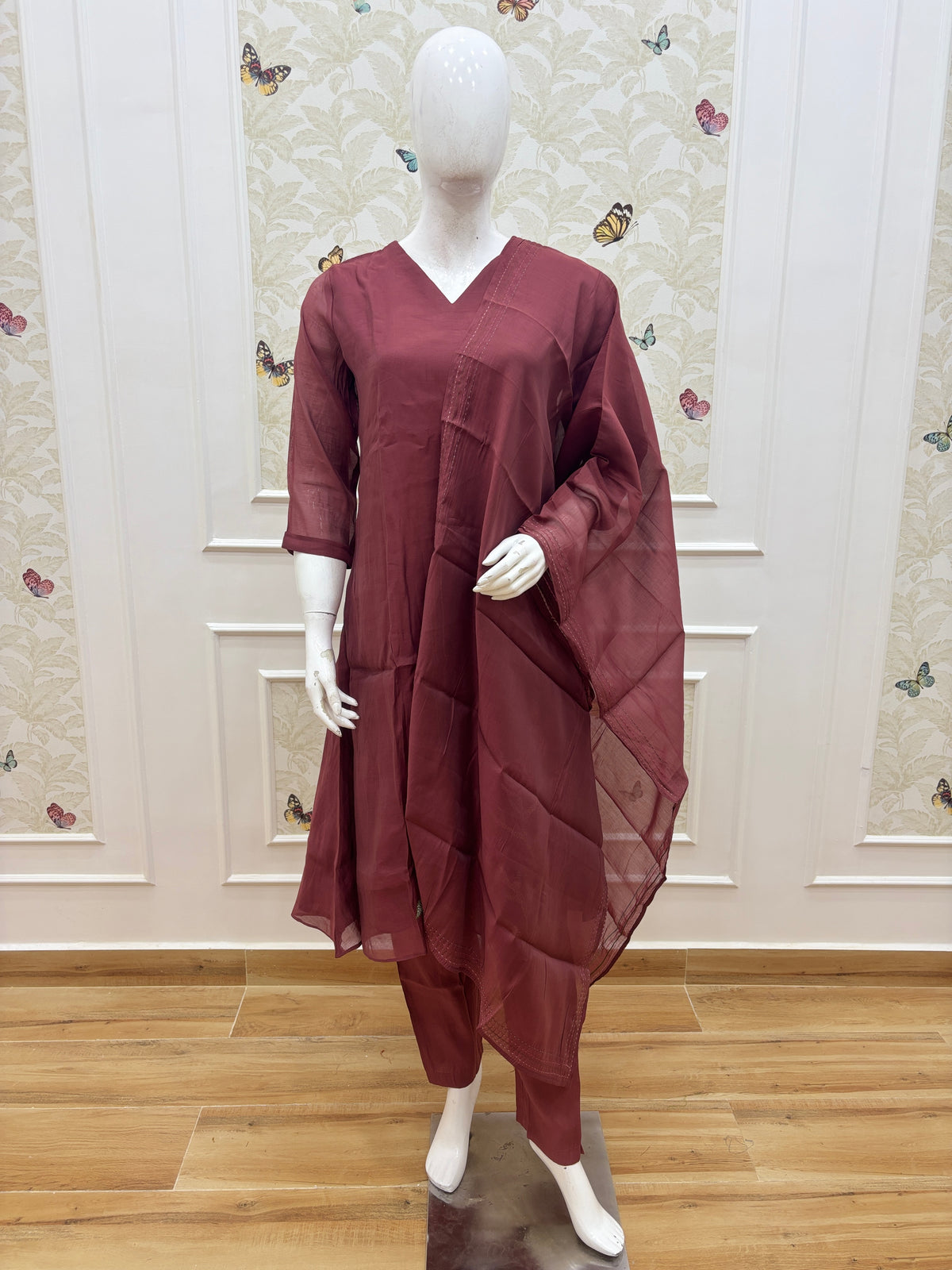 Wine Maroon Solid Mul Chanderi Silk Cotton 3-Piece Kurta Set