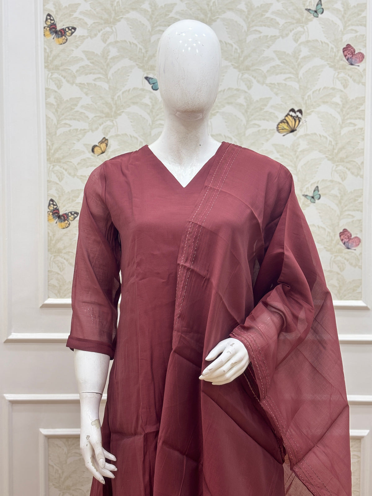 Wine Maroon Solid Mul Chanderi Silk Cotton 3-Piece Kurta Set