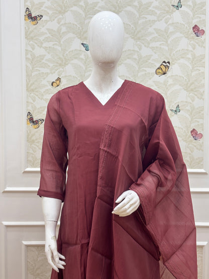 Wine Maroon Solid Mul Chanderi Silk Cotton 3-Piece Kurta Set