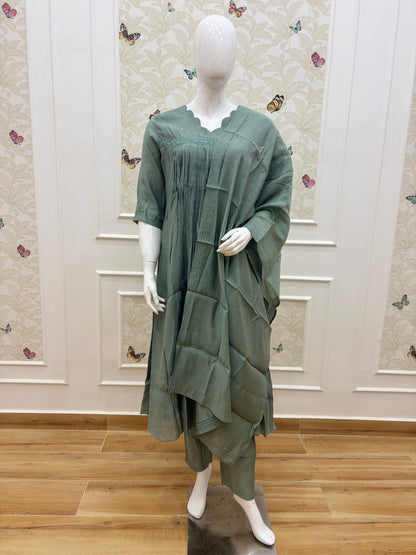 Sage Green Textured Chanderi Silk Cotton 3-Piece Kurta Set