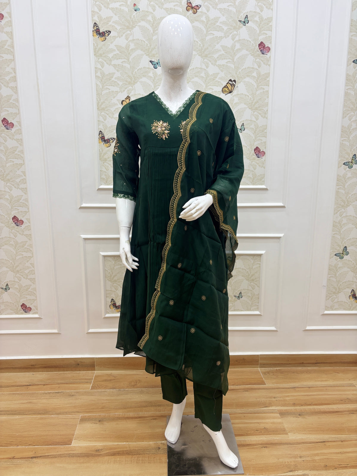 Bottle Green Golden Butti Embroidered Mul Chanderi Silk 3-Piece Kurta Set